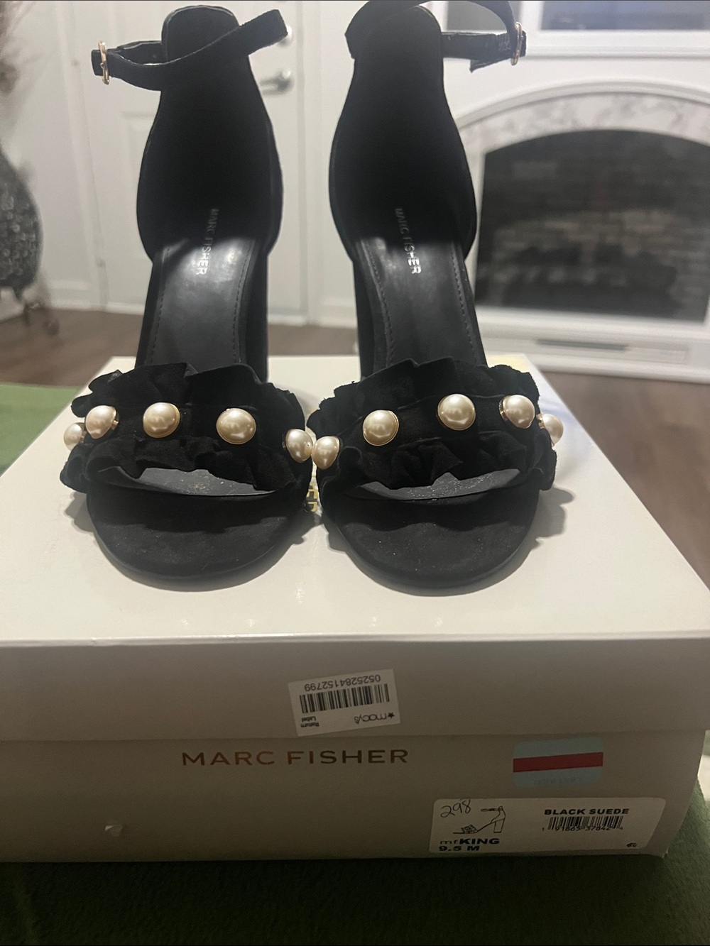 Marc Fisher Black Suede Pearl-Trim Ankle Strap Heels